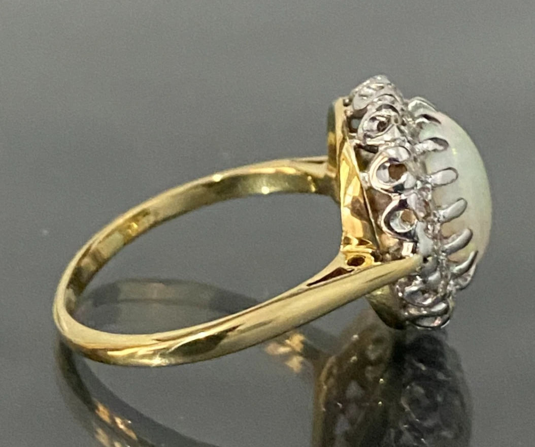 Vintage 18K Yellow Gold Opal & Diamond Cluster Ring Size L - 5 7/8