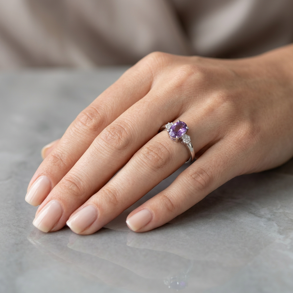 9K White Gold Amethyst & Diamond Floral Shoulder Ring Size U (US 10.5)