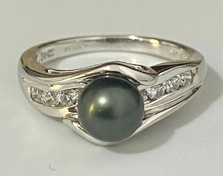 14K White Gold W/ Black Pearl & CZ Stones Ring Size O 1/2 - 7 1/4