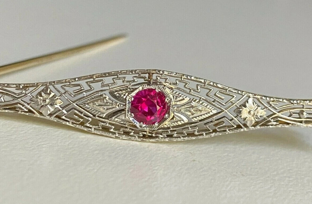 An Early 14K Gold & Ruby Filigree Brooch Pin 64.5mm