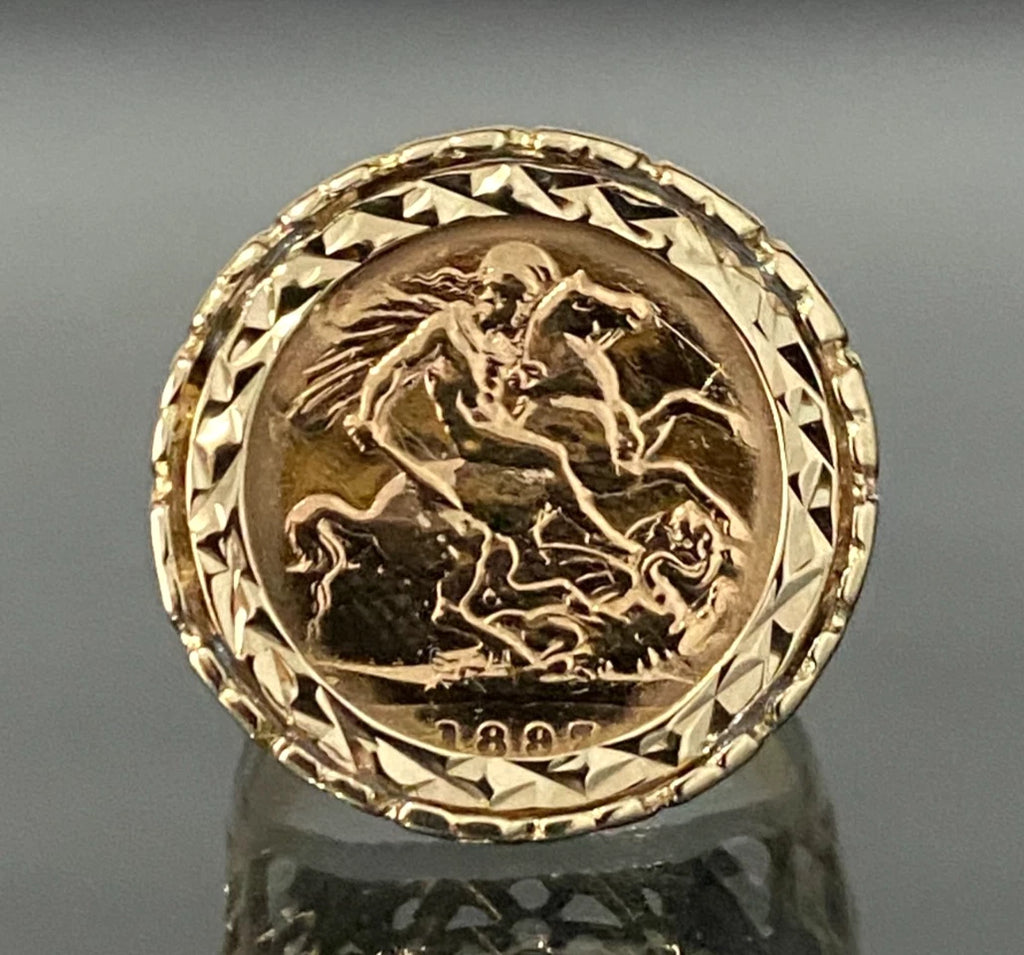 22K Gold Half Sovereign Coin C1897 in 9K Gold Ring Size N 1/2 - 7