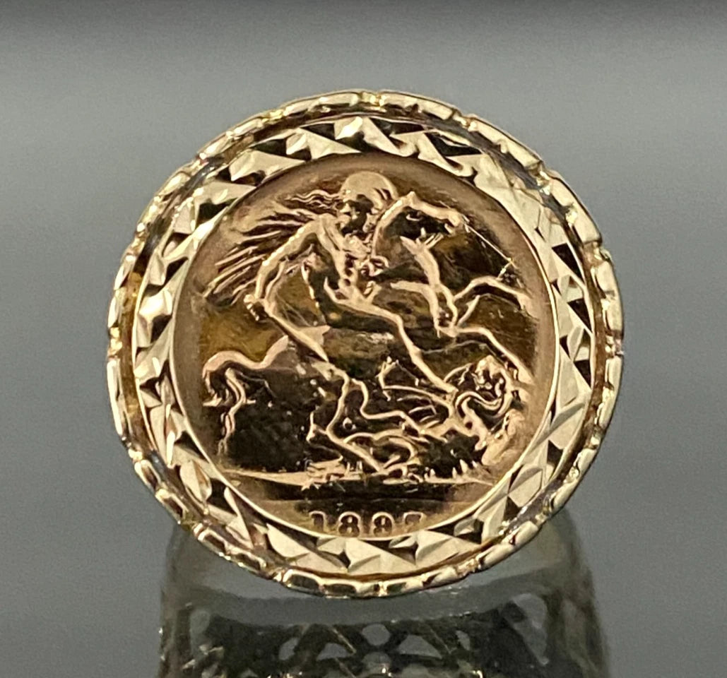 22K Gold Half Sovereign Coin C1897 in 9K Gold Ring Size N 1/2 - 7
