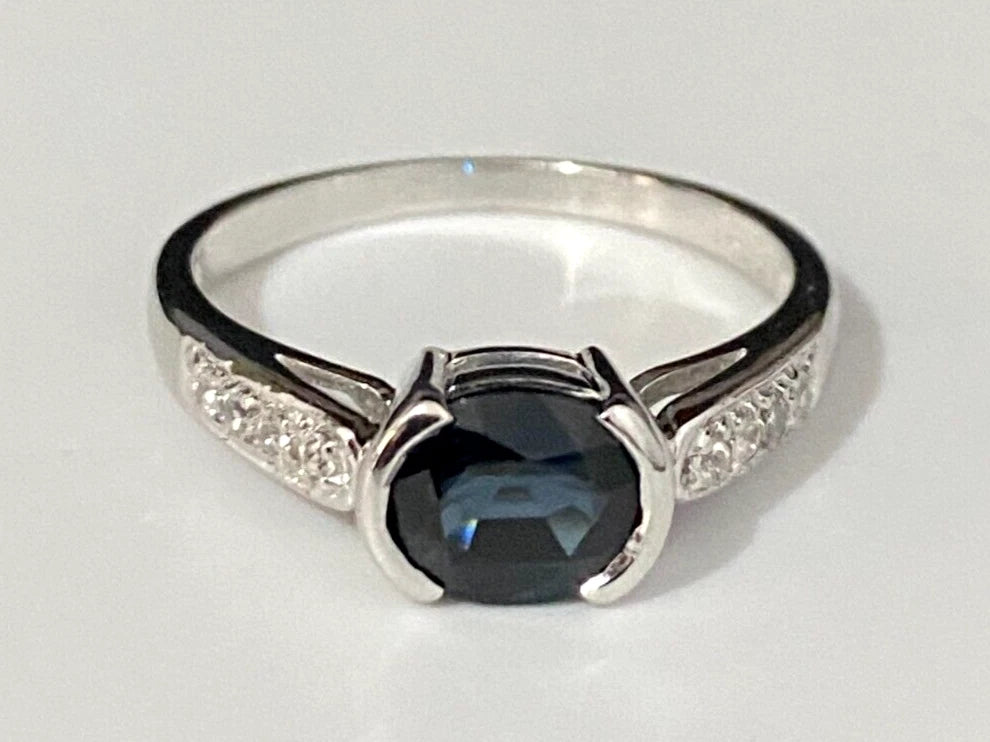 9K White Gold W/ Sapphire & White Zircon Ring Size P 1/2 - 7 3/4