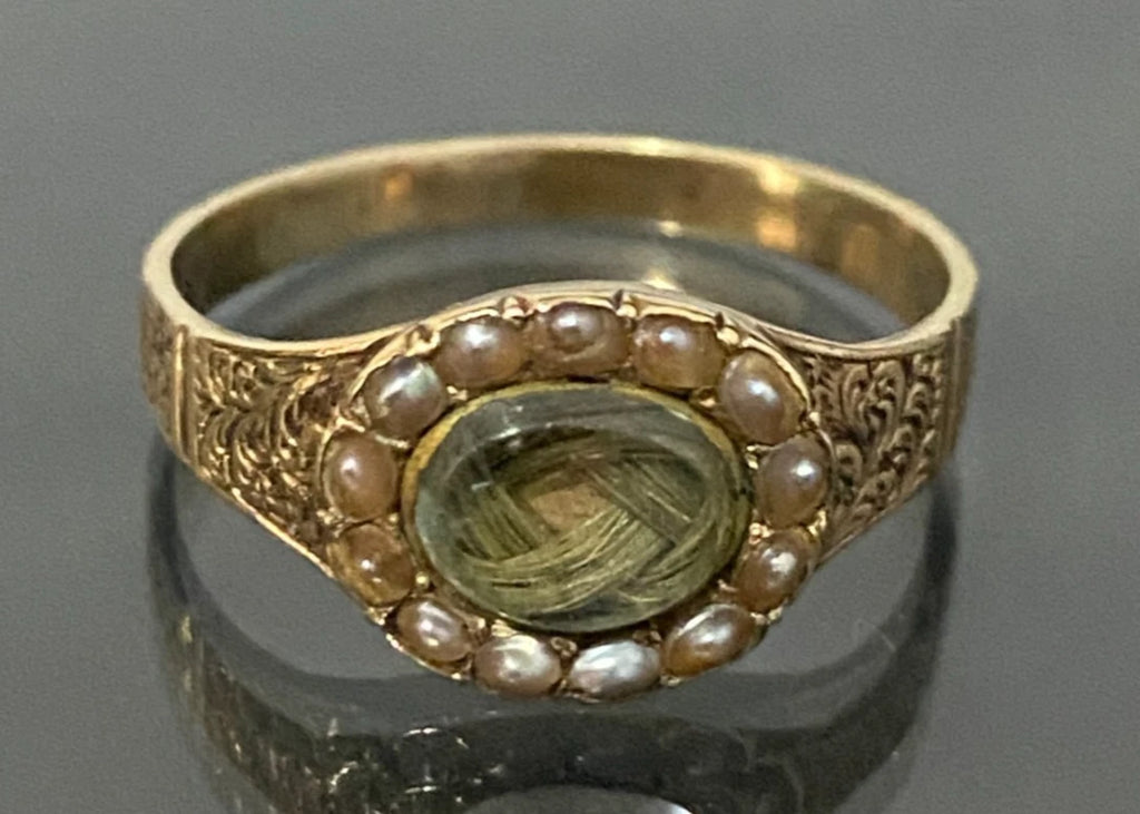 1850's 15K Yellow Gold Seed Pearl Memorial Engraved Ring Size R 1/2 - 9 1/8