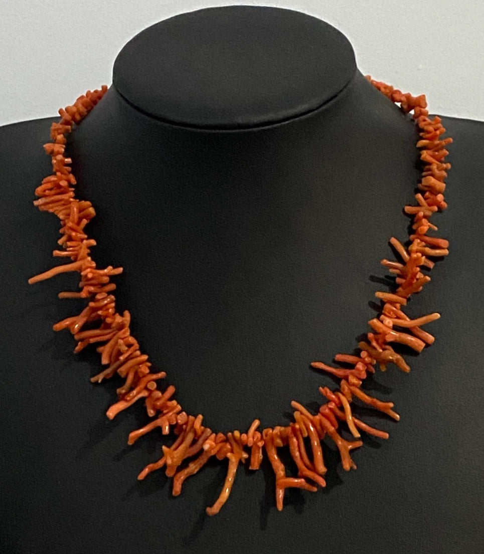 Red Coral Branch Single-Strand Necklace W/ 9K Yellow Gold Clasp 50cm Long