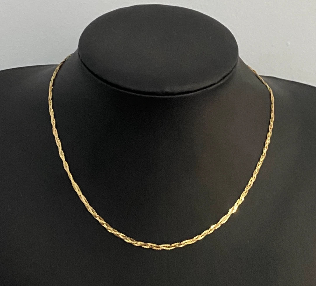 14K Yellow Gold 3 Strand Braided Serpentine Chain Necklace 41.5cm Long