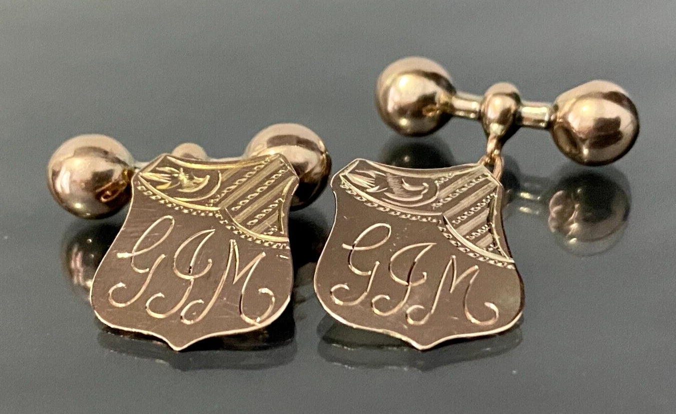 An early 9K Rose Gold "GIM" Initial Engraved Shield Cufflinks
