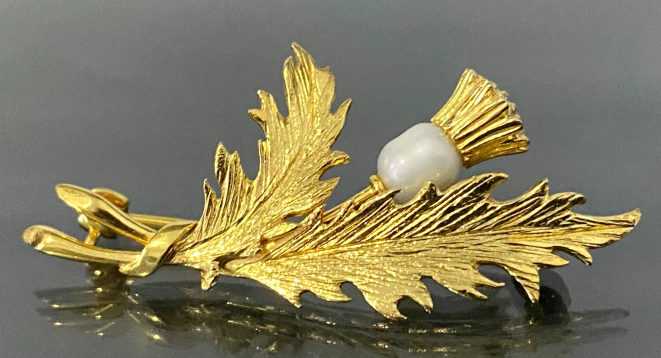 1970's 9K Yellow Gold & Pearls Scottish Thistle Flower Brooch 44.0mm Long