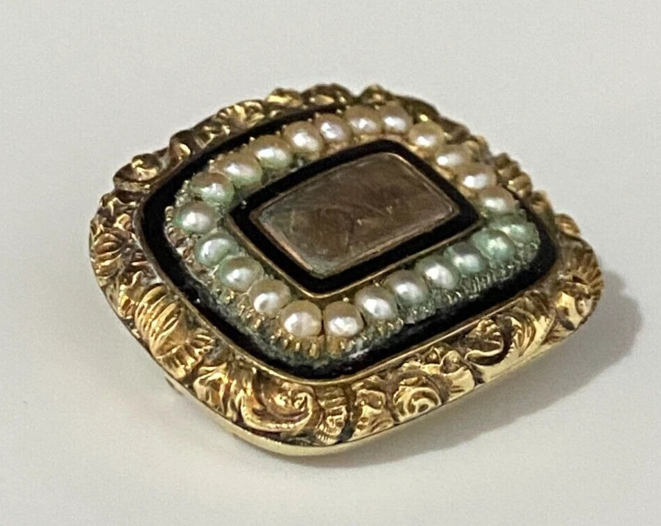 GEORGIAN 15K Gold Pearl & Woven Hairwork Enamel Memorial Brooch DATED 1822