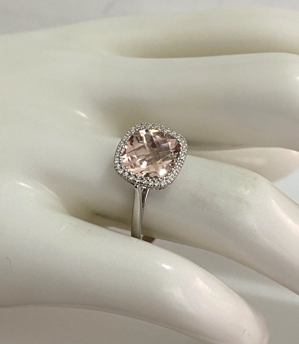 18ct White Gold Morganite & Diamond Halo Ring – Cushion Cut - Size M (US 6.25)