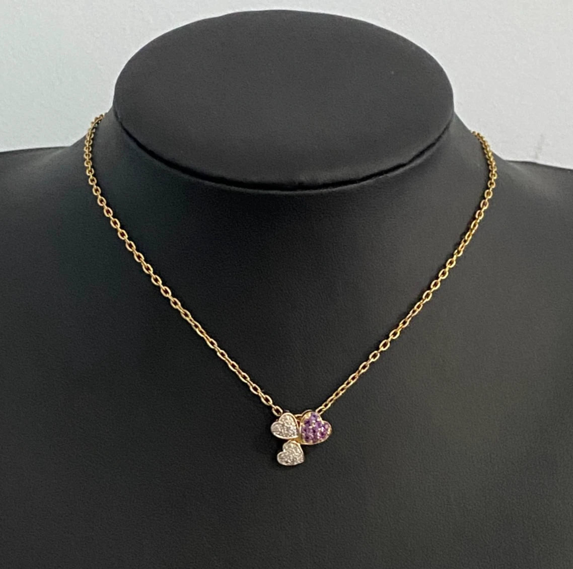 14K Yellow Gold W/ Amethyst & Diamond Triple Heart Pendant