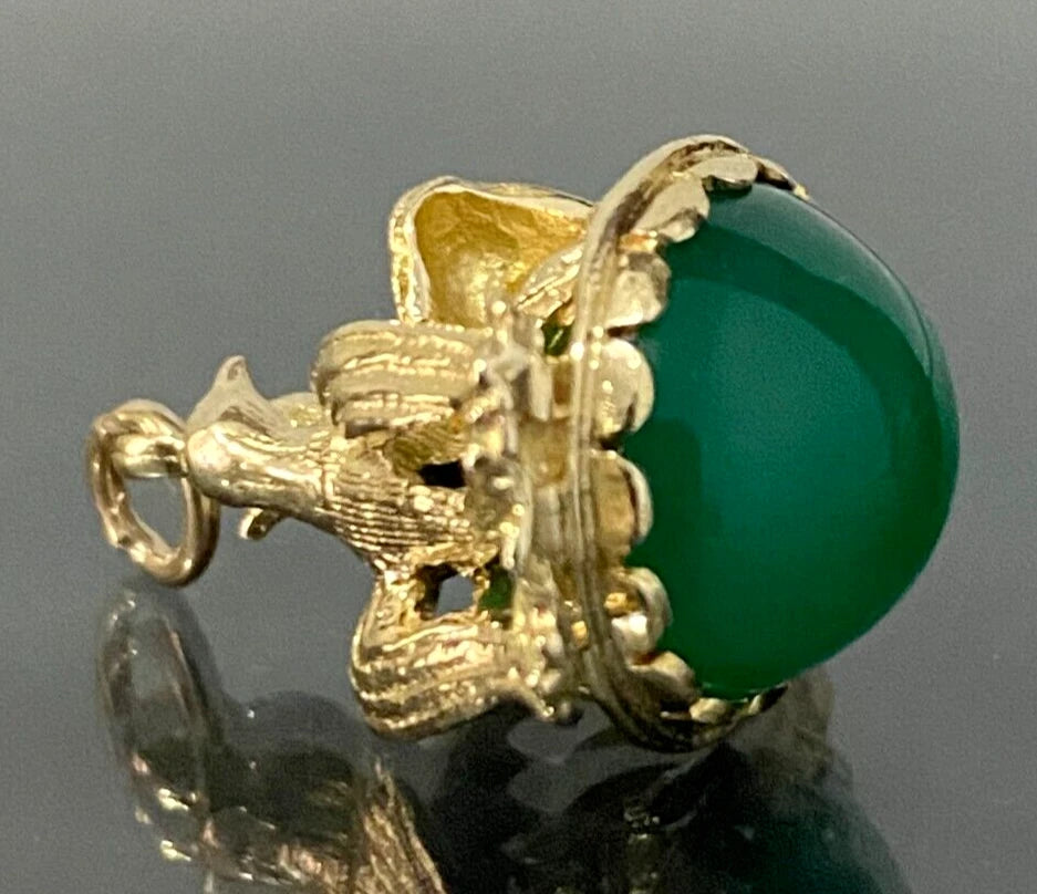 Vintage 9K Yellow Gold & Chrysoprase Love Birds Charm Seal Fob Pendant