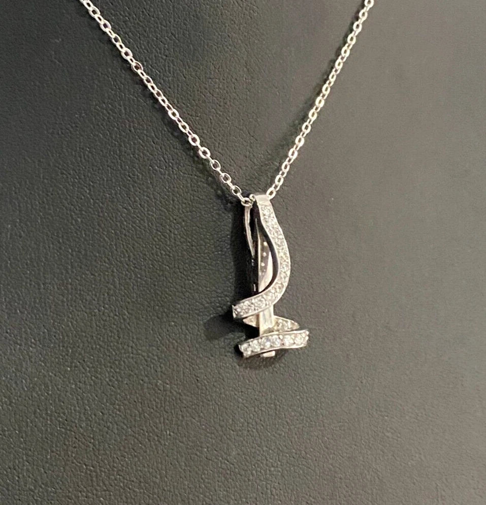9K White Gold & Cubic Zirconia Swirl Bar Pendant