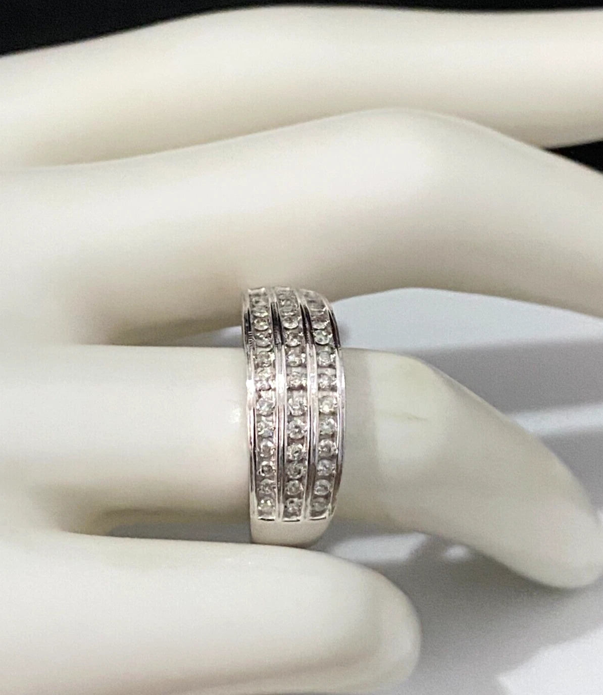 9K White Gold & 0.50CT Diamond Three Row Ring Size P - 7 1/2