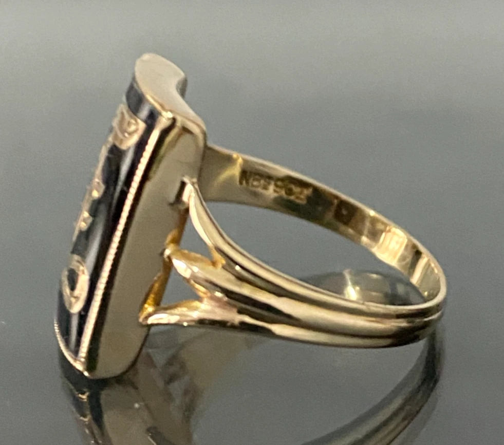 Antique 9K Yellow Gold & Onyx " J " Letter Initial Ring Size P - 7 3/4