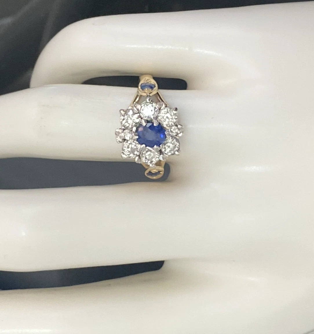 Vintage 18K Gold Sapphire & 0.90CT Old Cut Diamond Cluster Ring Size P (US 7.75)