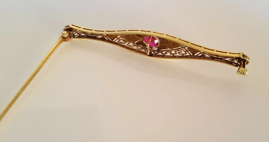 An Early 14K Gold & Ruby Filigree Brooch Pin 64.5mm
