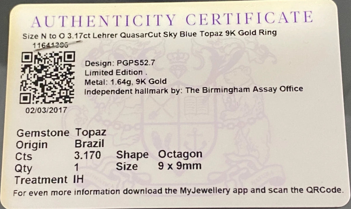 10K Yellow Gold 3.17CT Quasar Cut Sky Blue Topaz Ring Size N (US 6.75)