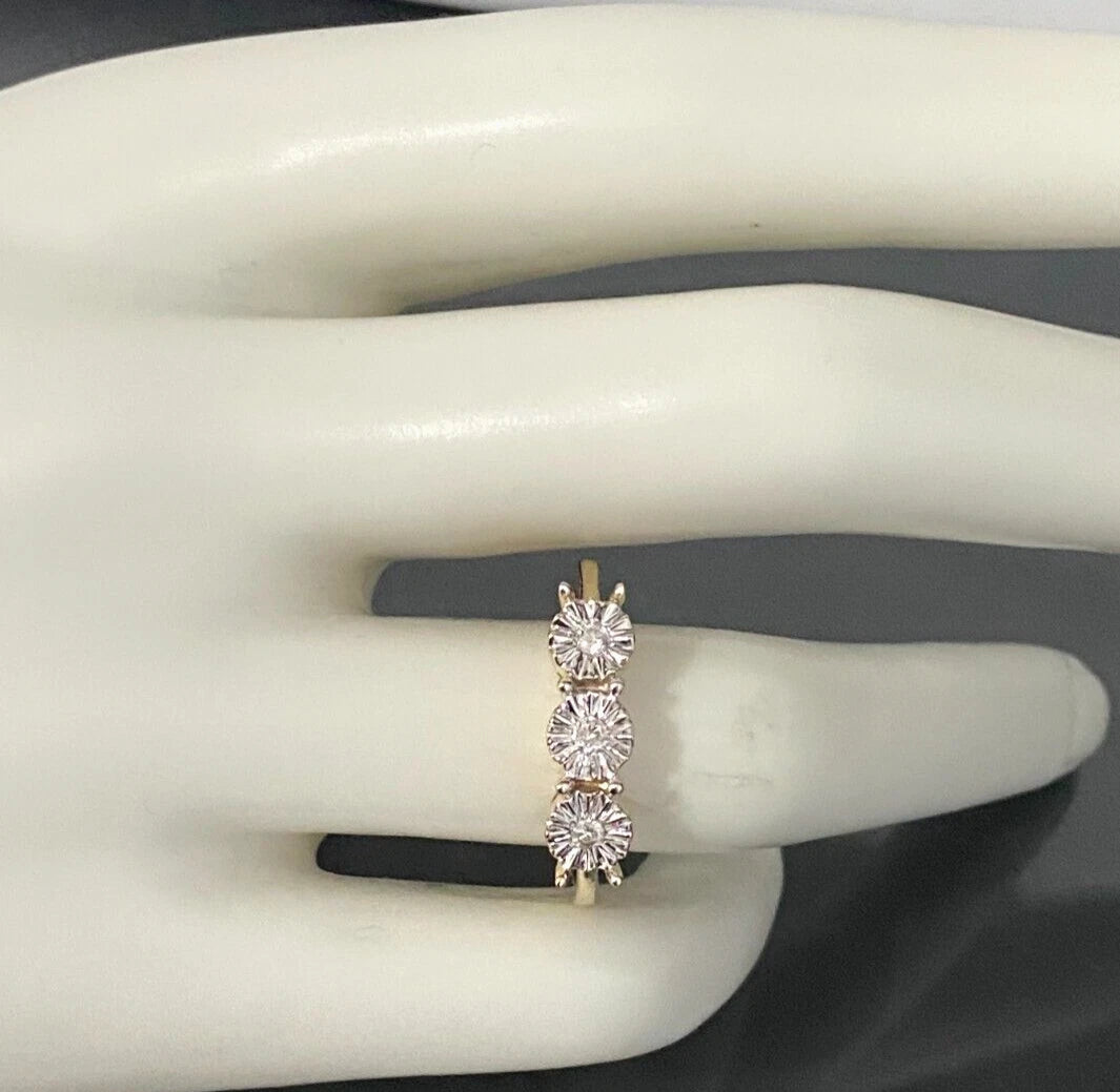 9K Yellow Gold & Diamond Three Stone Illusion Ring Size N - 6 1/2