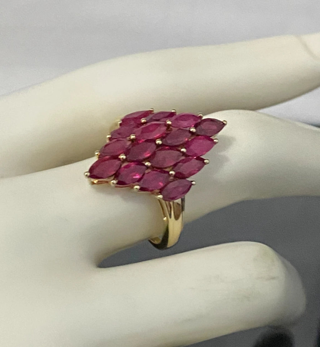 9K Yellow Gold & 2.20CT Marquise Ruby Cluster Ring Size R - 8 3/4