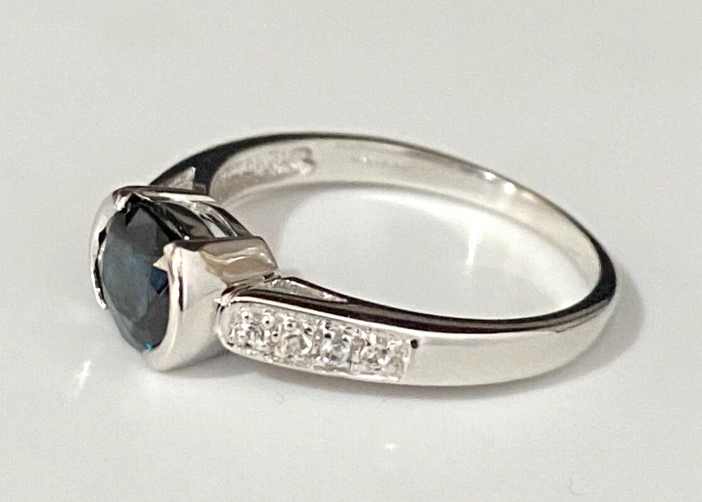 9K White Gold W/ Sapphire & White Zircon Ring Size P 1/2 - 7 3/4