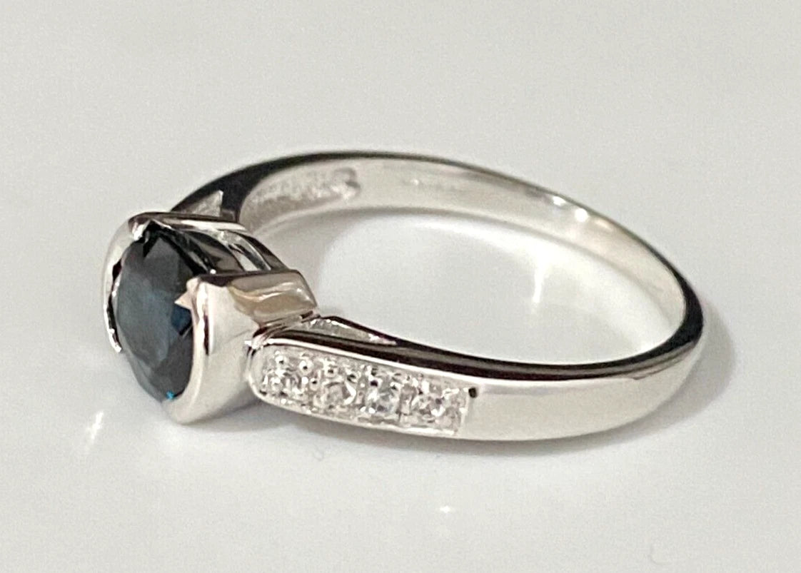 9K White Gold W/ Sapphire & White Zircon Ring Size P 1/2 - 7 3/4