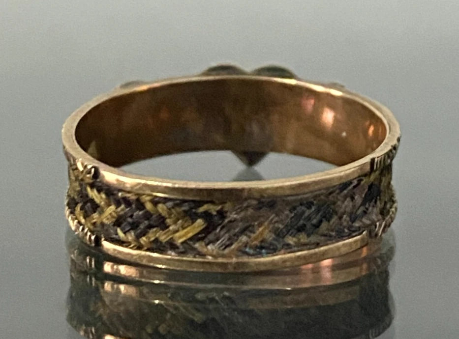 Victorian 9K gold Faith Hope & Charity Woven Hair 'JA' Initial Ring C1879