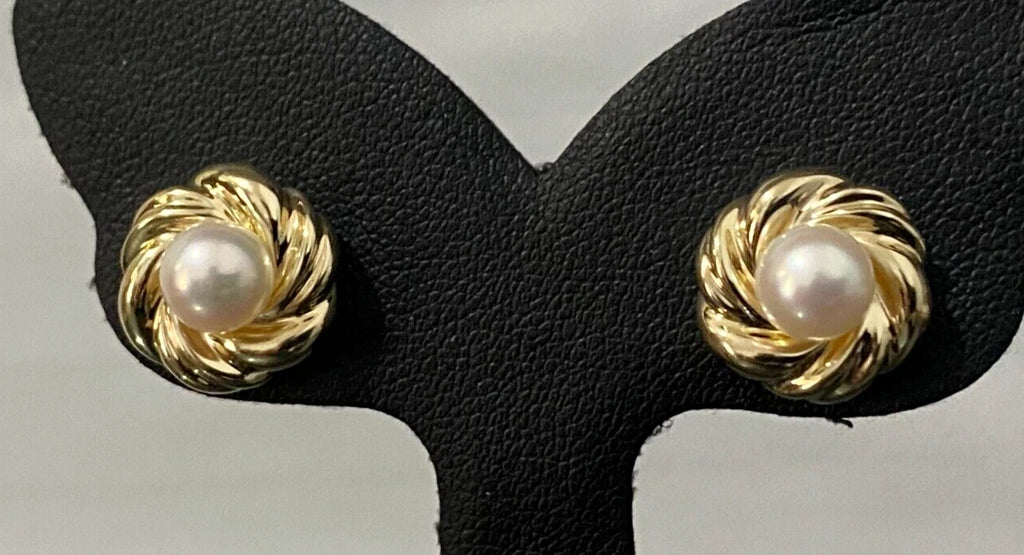 9K Yellow Gold & White Pearl Stud Earrings 12.85mm