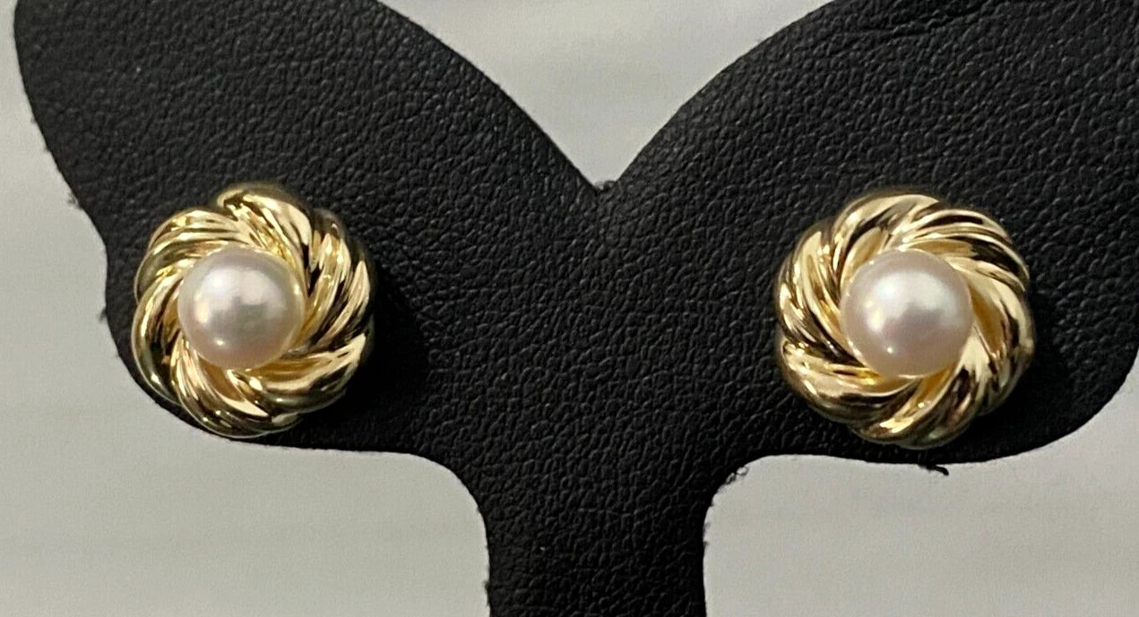 9K Yellow Gold & White Pearl Stud Earrings 12.85mm
