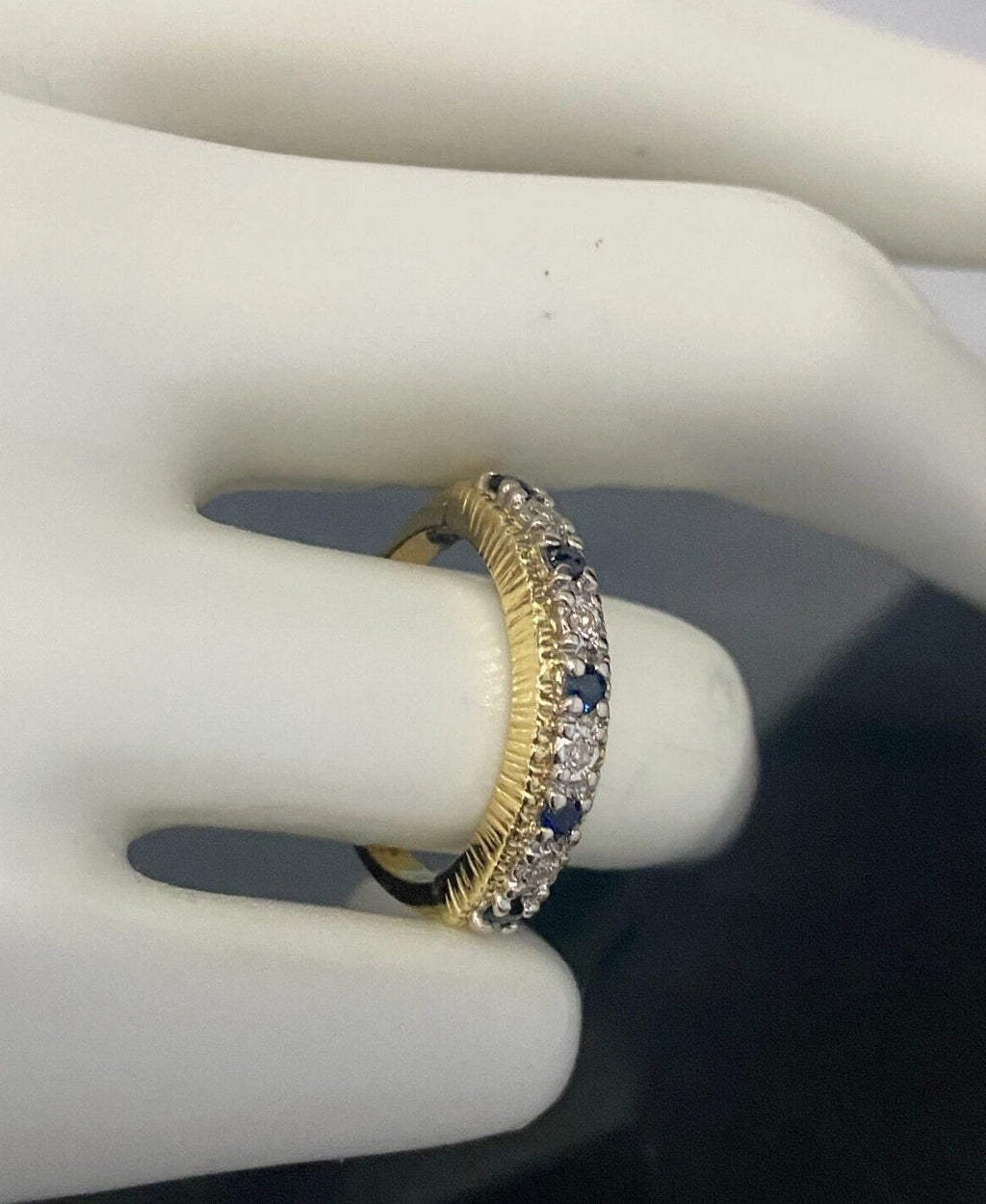 18K Yellow Gold W/ Sapphire & Diamond Eternity Band Ring Size N - 6 1/2