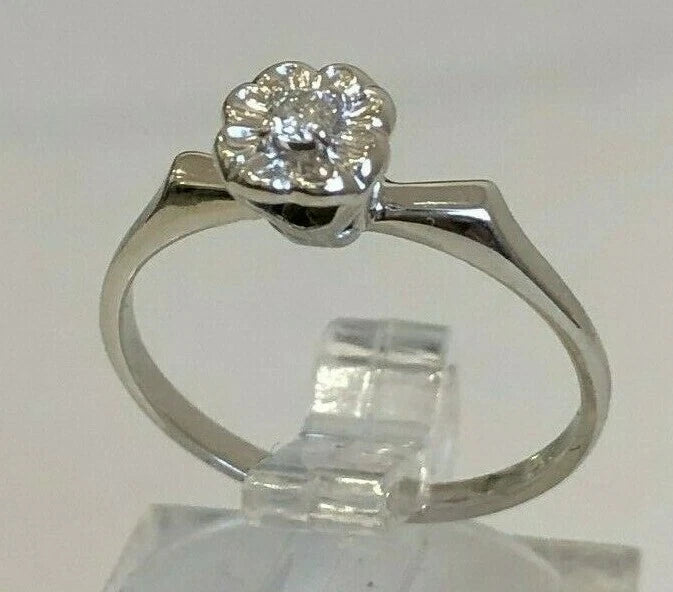 14K White Gold & Diamond Flower Head Solitaire Ring Size M 1/2 - 6 1/4