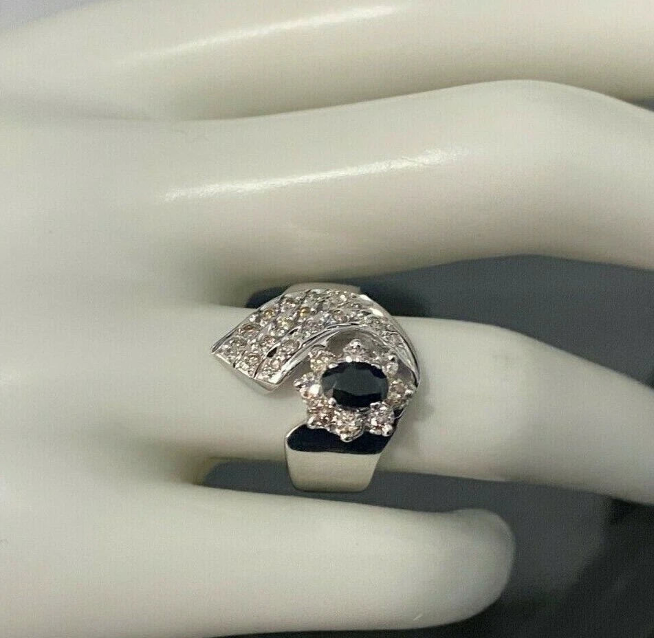 18K White Gold W/ 0.50CT Diamond & Sapphire Ring Size N - 6 1/2