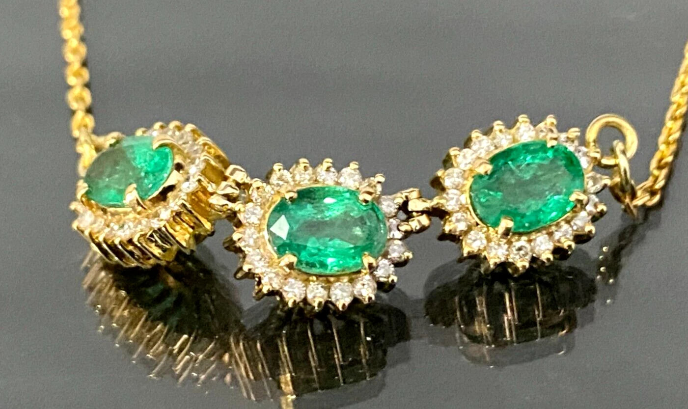 18K Yellow Gold 2.25CT Emerald & Diamond Three Cluster Necklace