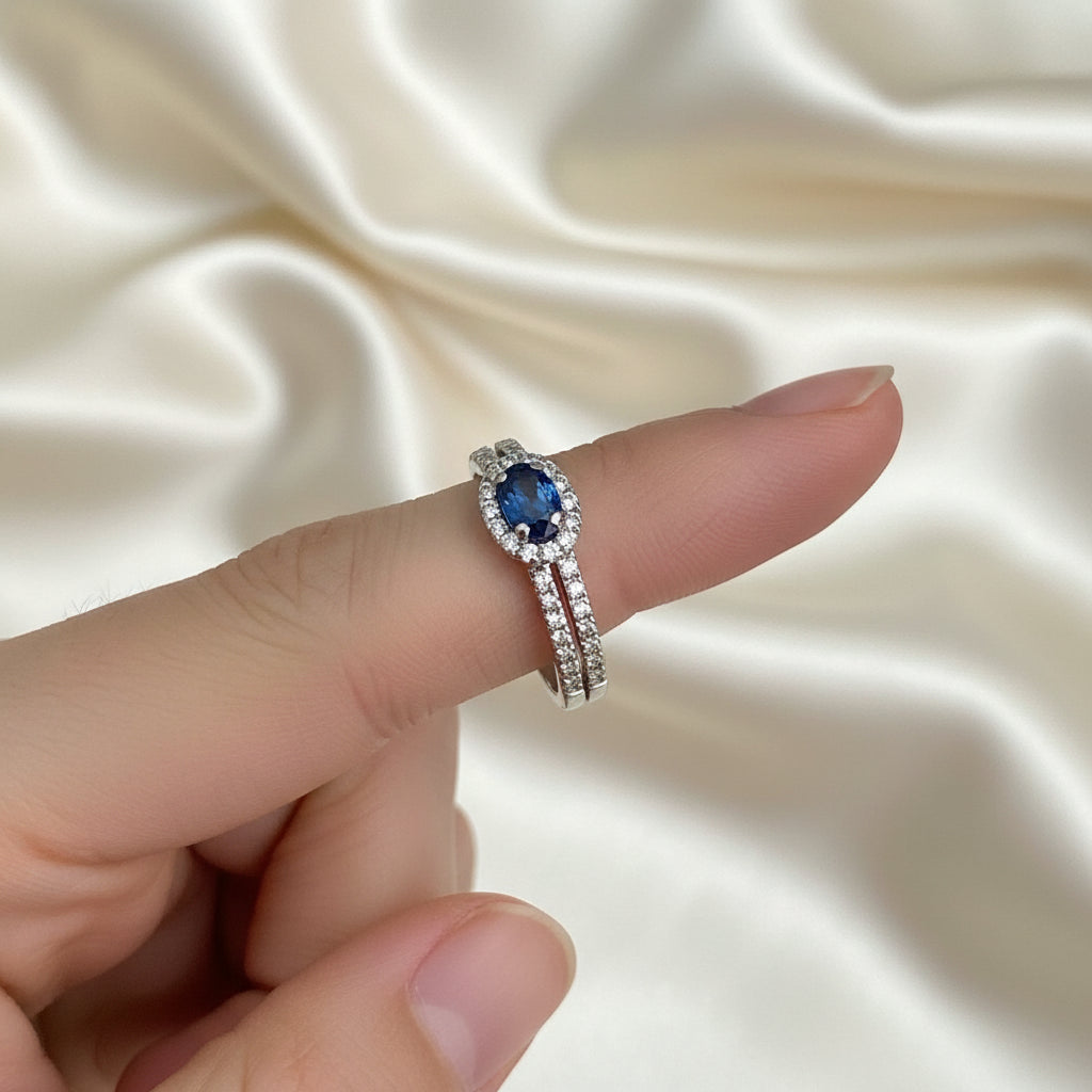 18ct White Gold Sapphire & 0.32ct Diamond Halo Engagement Ring