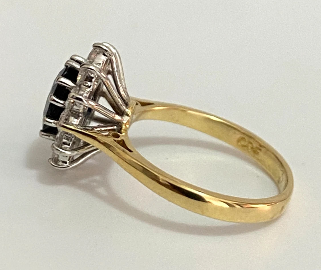 18K Yellow Gold Sapphire & Diamond Cluster Ring - Size J (US 4.75)