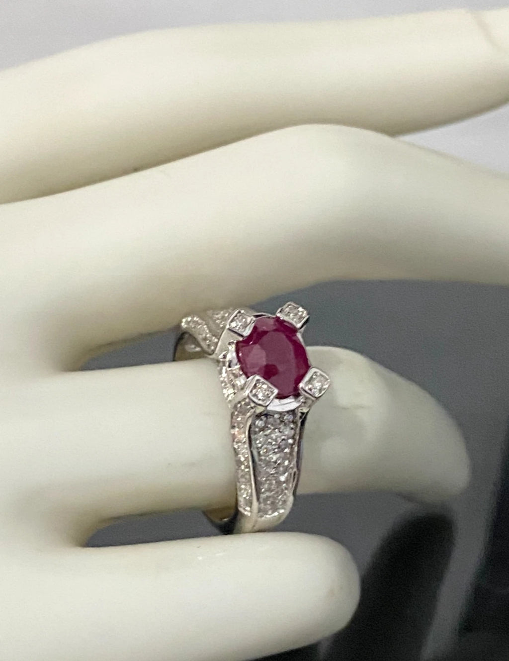 14K White Gold W/ Ruby & 0.70CT Diamond Ring Size P - 7 3/4