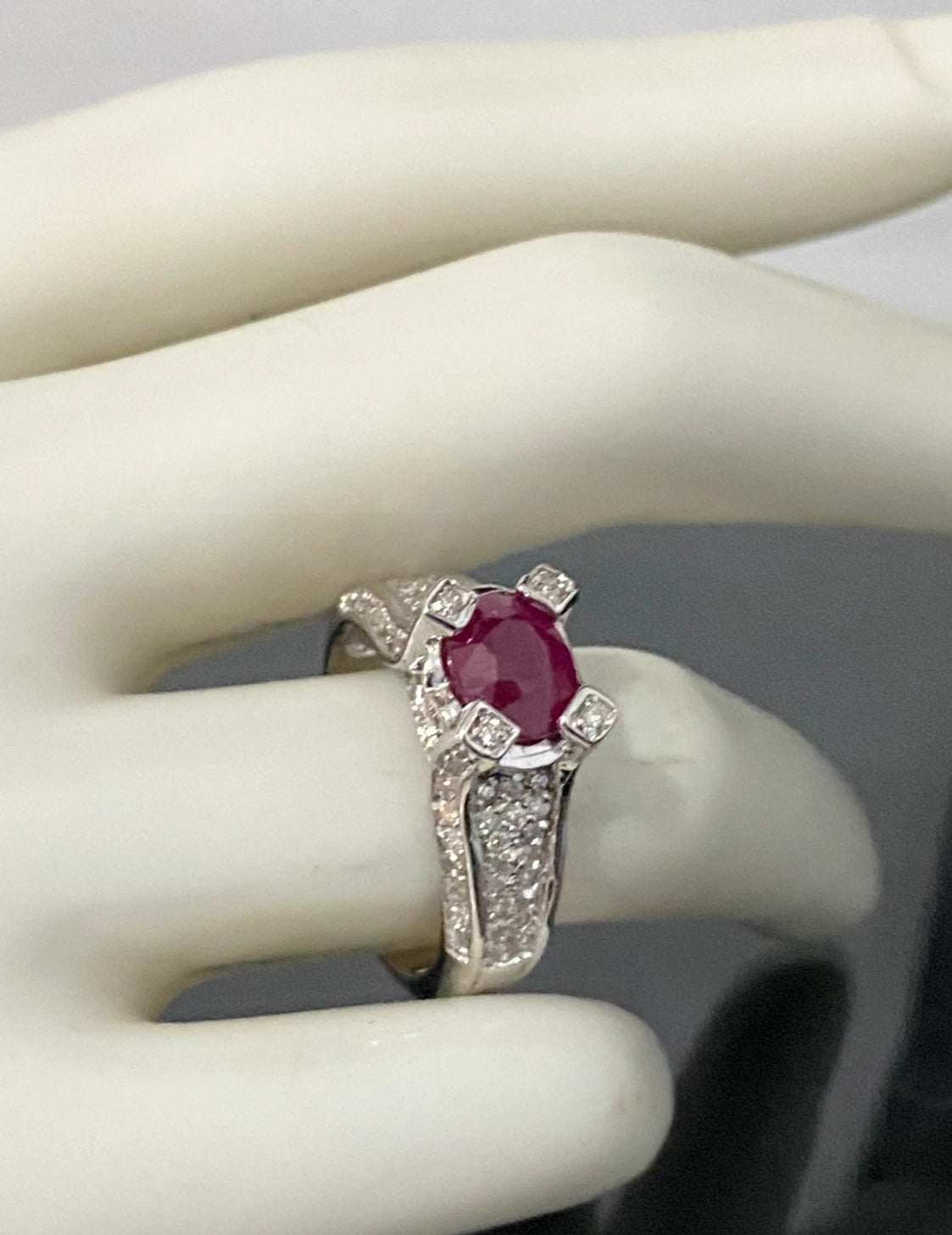 14K White Gold W/ Ruby & 0.70CT Diamond Ring Size P - 7 3/4