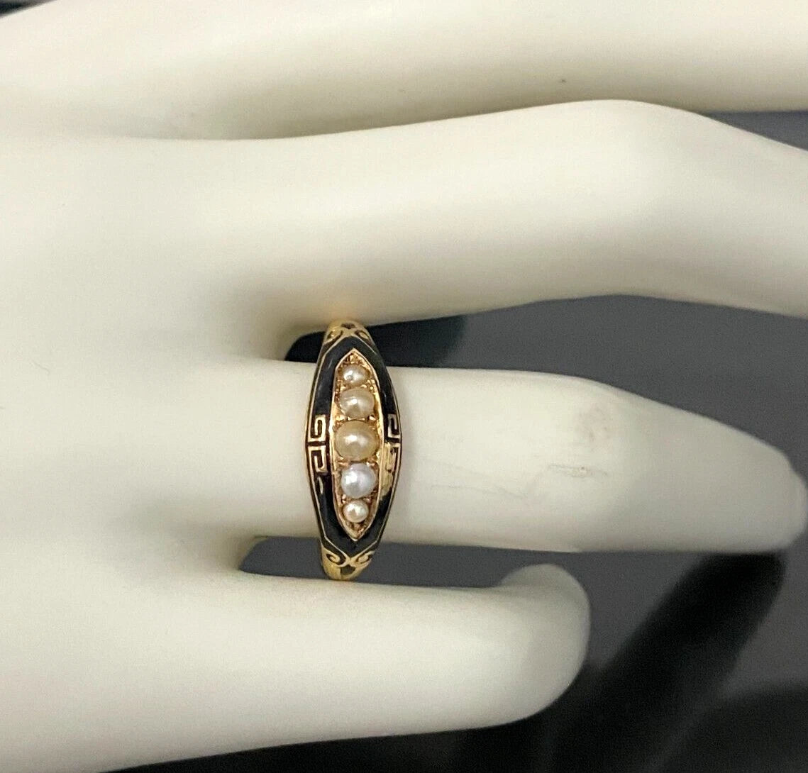 Victorian 15K Yellow Gold W/ Pearl Enamel Ring C1881 Size P 1/2 - 7 3/4