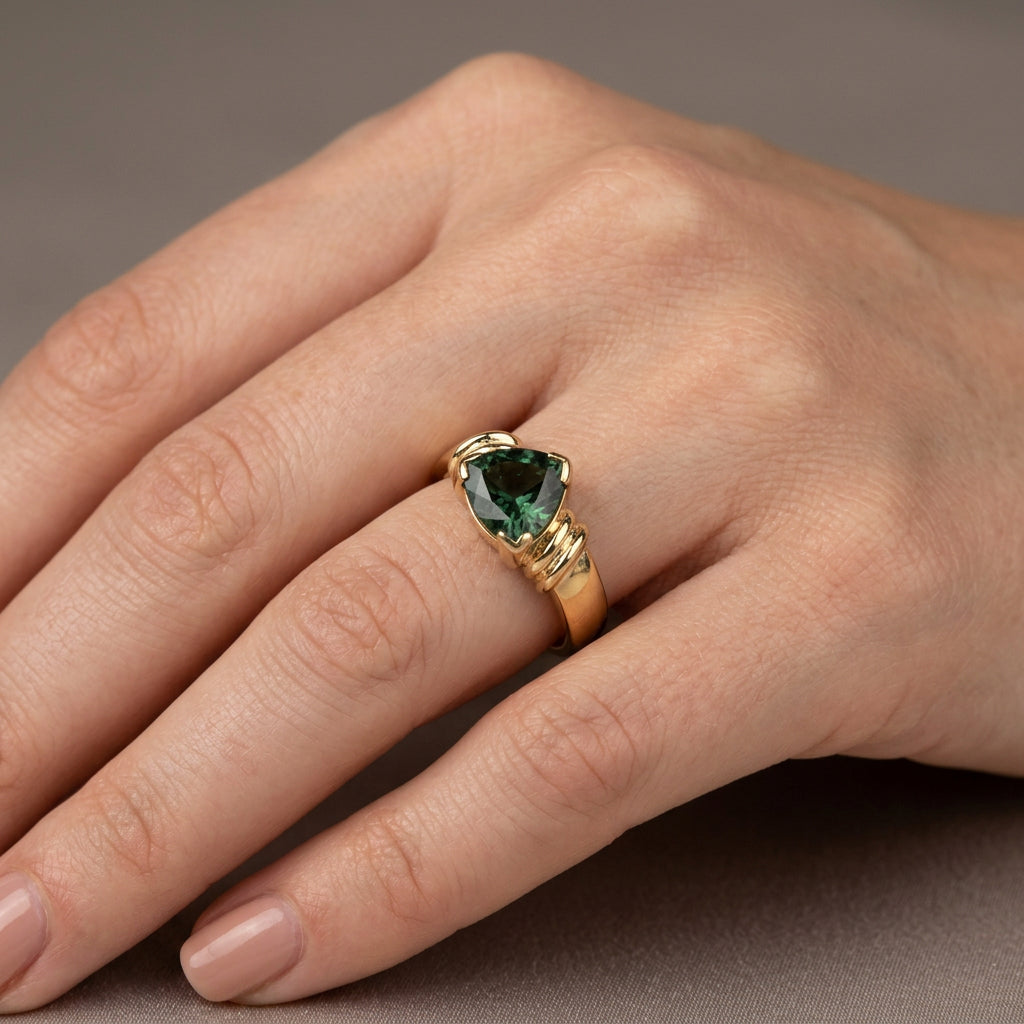 18K Yellow Gold 3.0CT Trillion Cut Green Sapphire Ring - Size S (US 9.25)