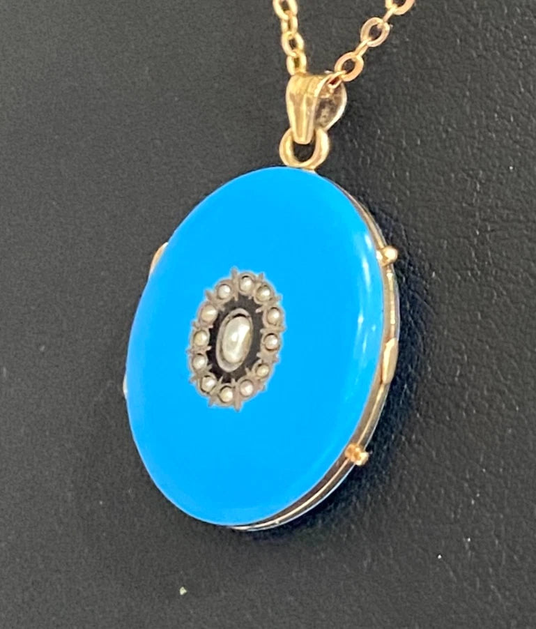 Victorian 9K Yellow Gold Pearl & Blue Enamel Photo Locket Pendant 32mm High