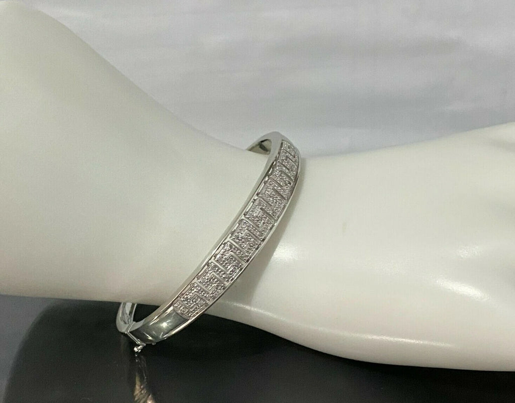 9K White Gold & 0.25CT Diamond Greek Key Hinged Bangle 60mm