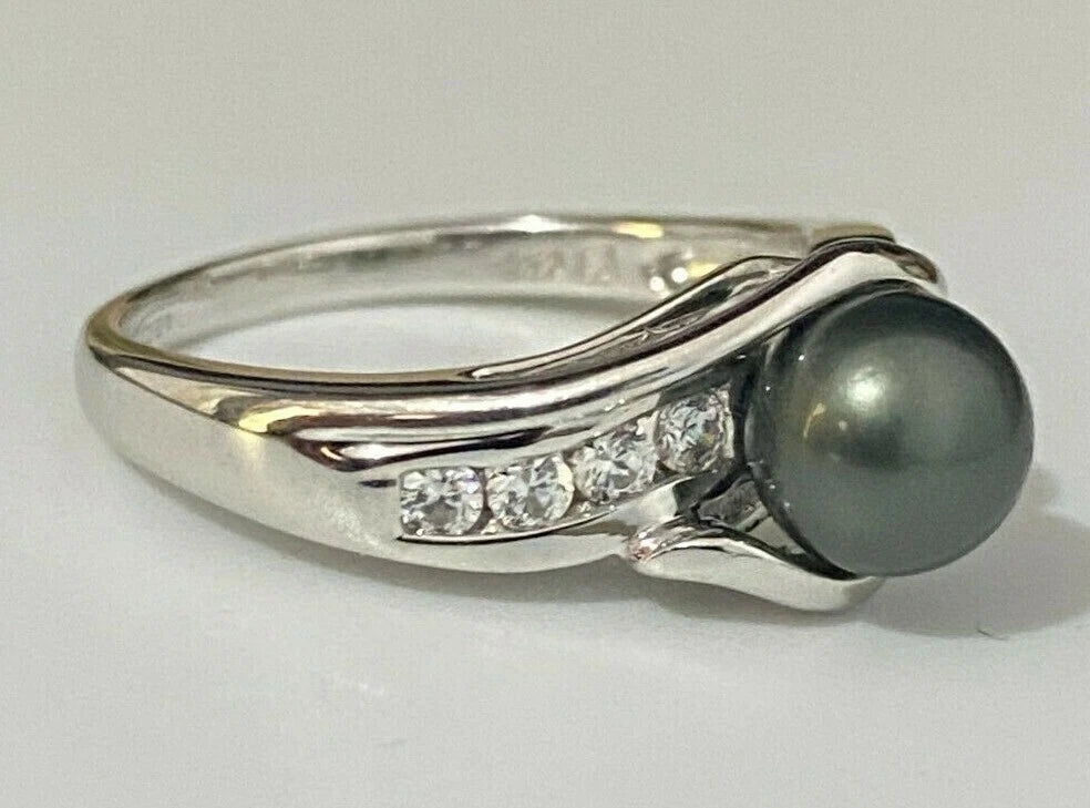 14K White Gold W/ Black Pearl & CZ Stones Ring Size O 1/2 - 7 1/4