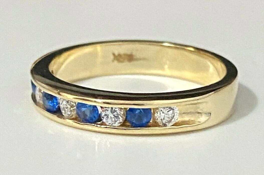 14K Yellow Gold W/ Blue & White CZ Channel Band Ring size M 1/2 - 6 1/4