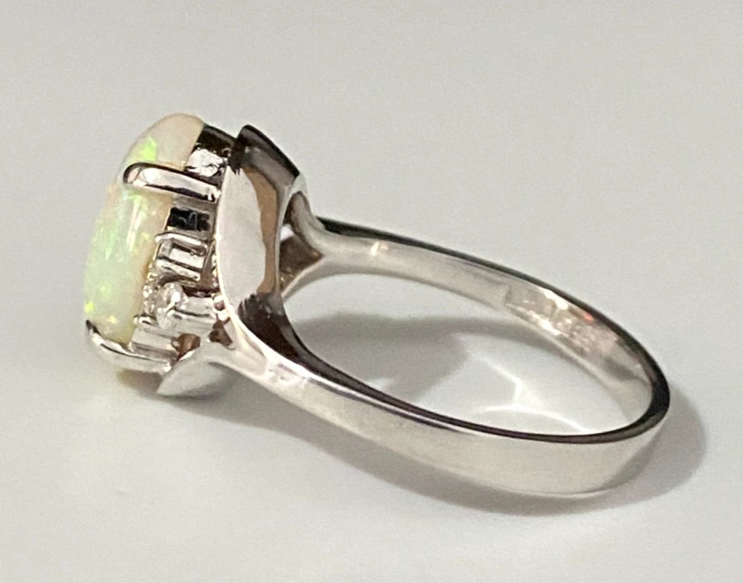 14K White Gold With Opal & Diamond Ring Size N - 6 3/4