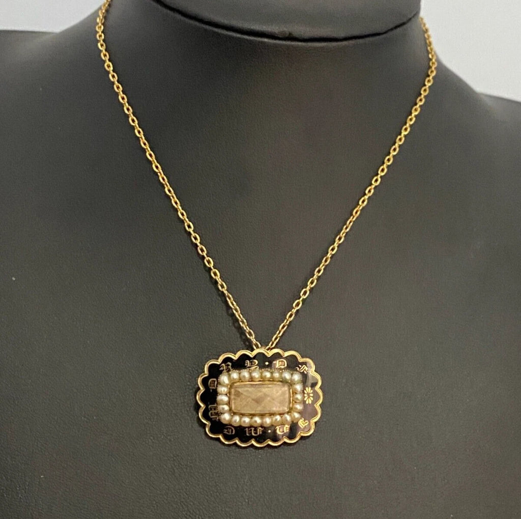 GEORGIAN 12K Gold W/ Pearl & Woven Hairwork Mourning Pendant / Brooch 32.30mm