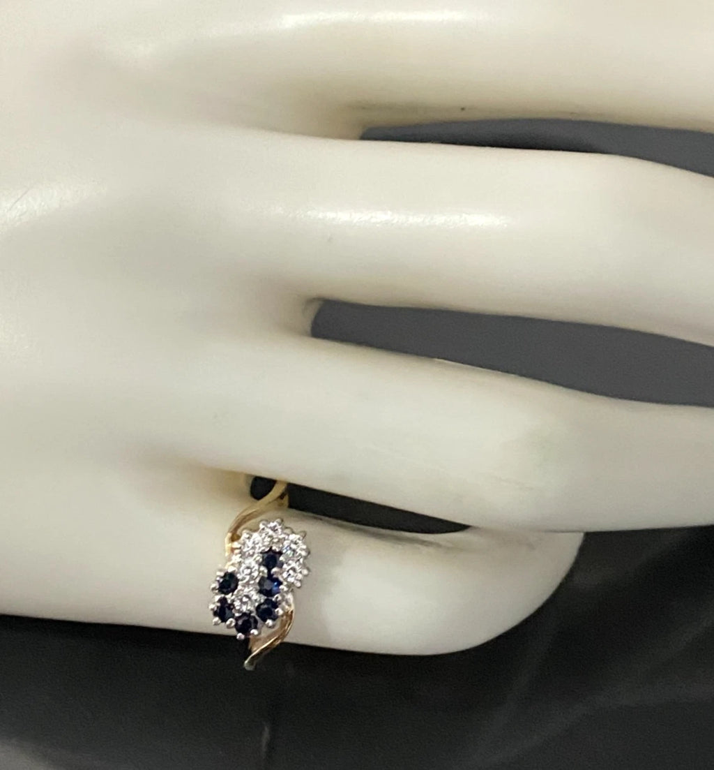 9K Yellow Gold W/ Sapphire & CZ Cluster Crossover Ring Size K - 5 3/8