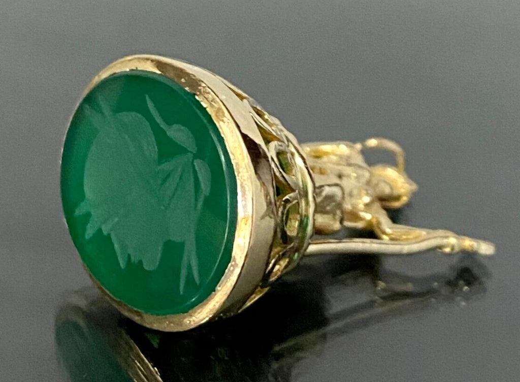 9K Yellow Gold W/ Chrysoprase Intaglio Britannia Charm Seal Fob Pendant