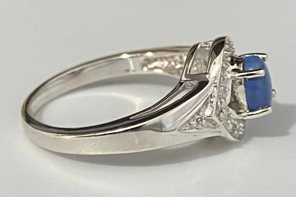 9K White Gold W/ Opal & White Zircon Ring Size N - 6 1/2