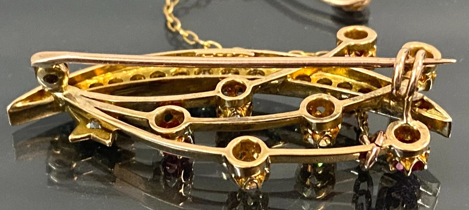 Victorian 15K Yellow Gold Ruby Diamond Crescent Moon Star Comet Brooch 41mm