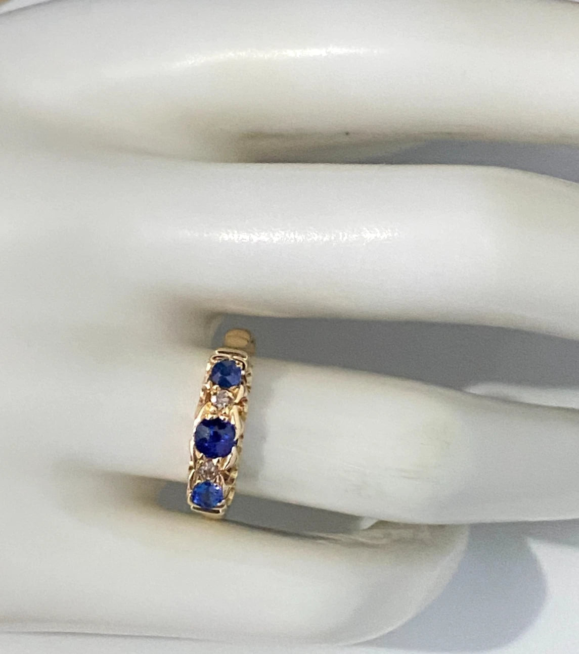Edwardian 18K Yellow Gold W/ Sapphire & Diamond Ring Size N - 6 3/4